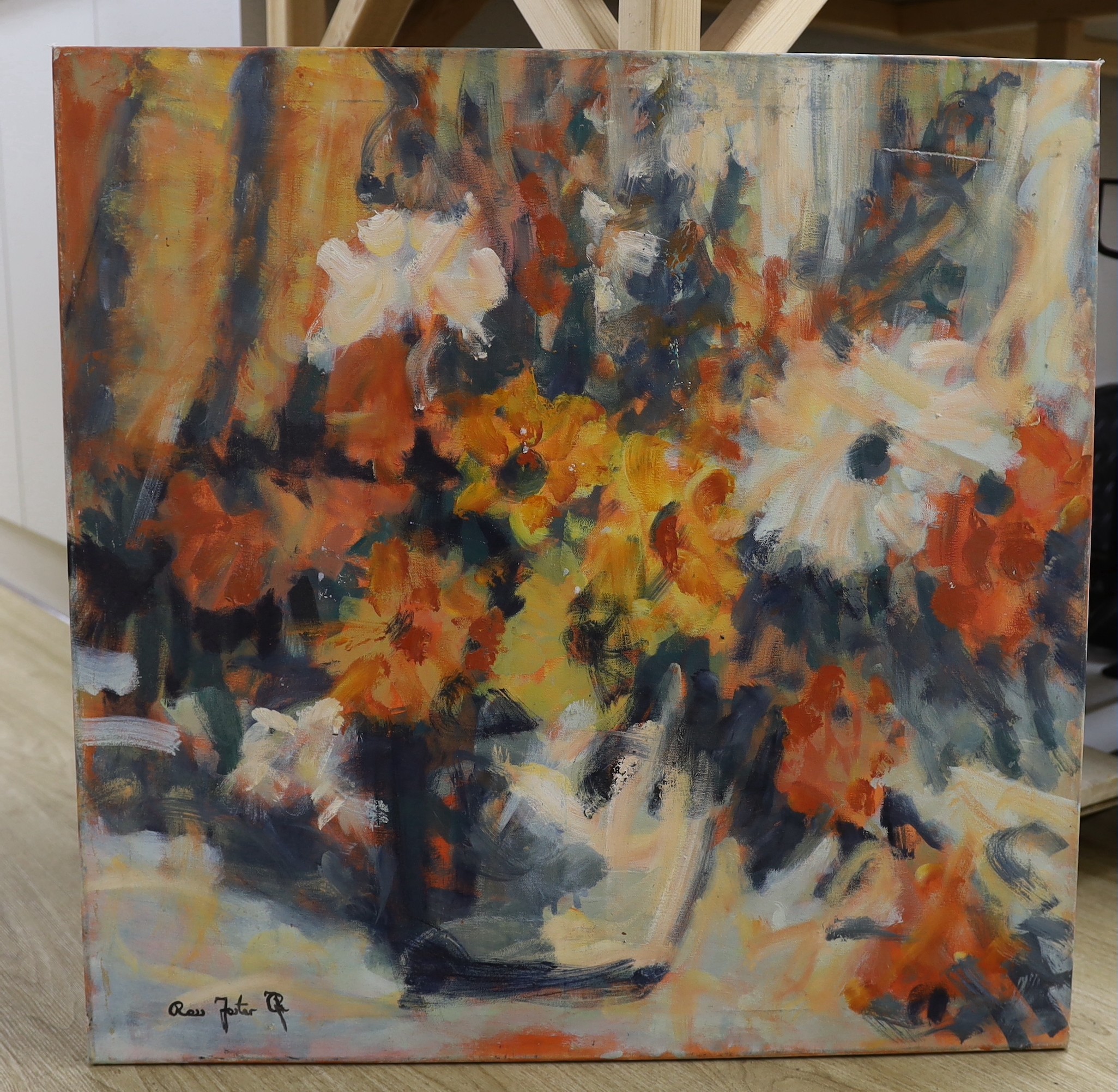 Ross Foster (Contemporary), oil on canvas, Still life of flowers in a vase, signed, 70 x 70cm, unframed